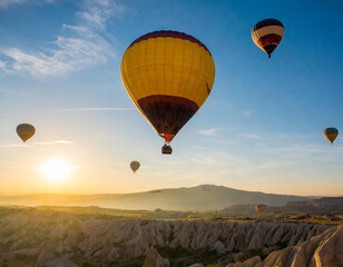 Naklejka premium Hot air balloons at sunrise flying over Cappadocia, Goreme, Turkey