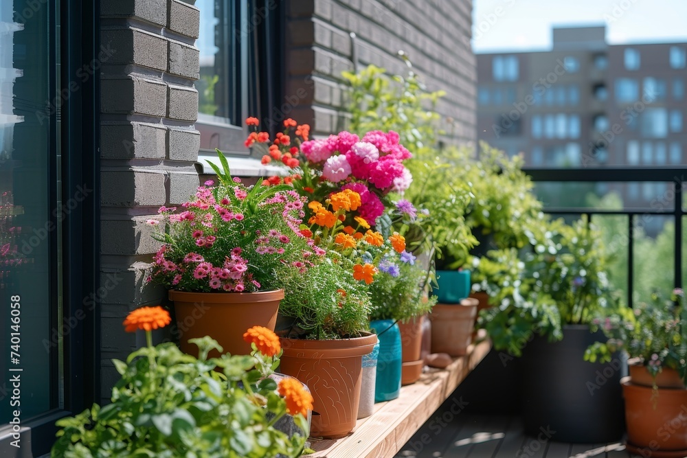 Poster A tranquil scene featuring a row of various potted plants arranged neatly on a windowsill, bathed in natural light, creating a peaceful and harmonious atmosphere
