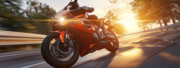 a speeding superbike tearing down the highway at sunset, immerses viewers in the adrenaline-fueled thrill of the open road.