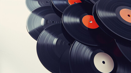 Vintage vinyl records, carefully arranged in a spiral pattern, evoke a sense of nostalgia