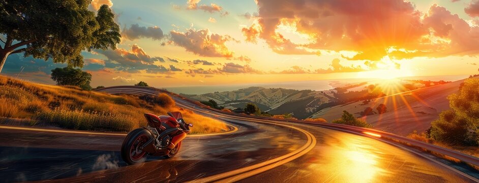 a speeding superbike tearing down the highway at sunset, immerses viewers in the adrenaline-fueled thrill of the open road.