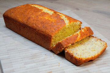 Sliced banana bread on wooden board