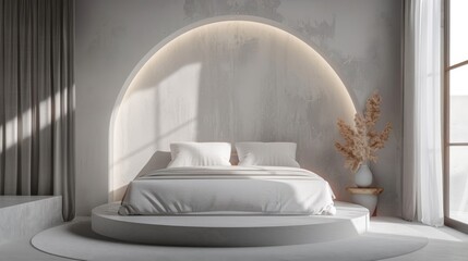 Minimalistic bedroom with white walls, concrete floor, comfortable king size bed and round window