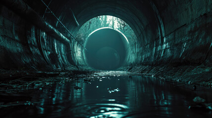 sewer tunnel with water - obrazy, fototapety, plakaty