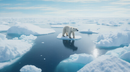 A polar bear on ice cap floating in the Artic ocean. Polar ice caps are melting as global warming causes climate change, lose of Arctic sea ice.
