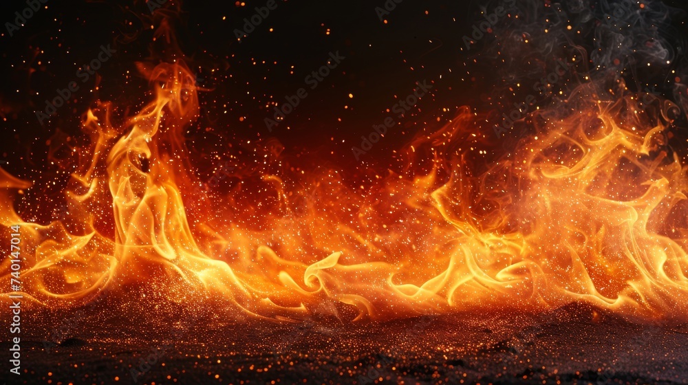 Poster fire flames against a deep black background. The flames are vibrant, creating a captivating display of power and energy
