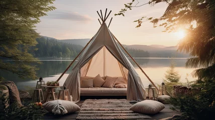Keuken spatwand met foto a tent pitched by a serene lake, enveloped in hazy romanticism, where the soft glow of the setting sun casts a mesmerizing ambiance over the natural landscape © lililia