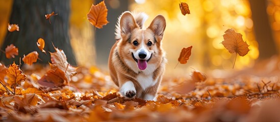 A corgi, specifically a Welsh Pembroke, energetically runs through a forest filled with vibrant autumn leaves.