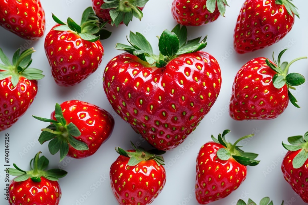 Poster A collection of ripe and juicy strawberries neatly arranged on a clean white surface, creating an appealing and appetizing display