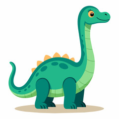 A green jolly dinosaur with a long neck stands on four legs and smiles. Children's cartoon vector illustration. Vector illustration isolated on white