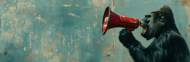  Gorilla Holding up a Megaphone Against a Solid Background. Copy space. - obrazy, fototapety, plakaty