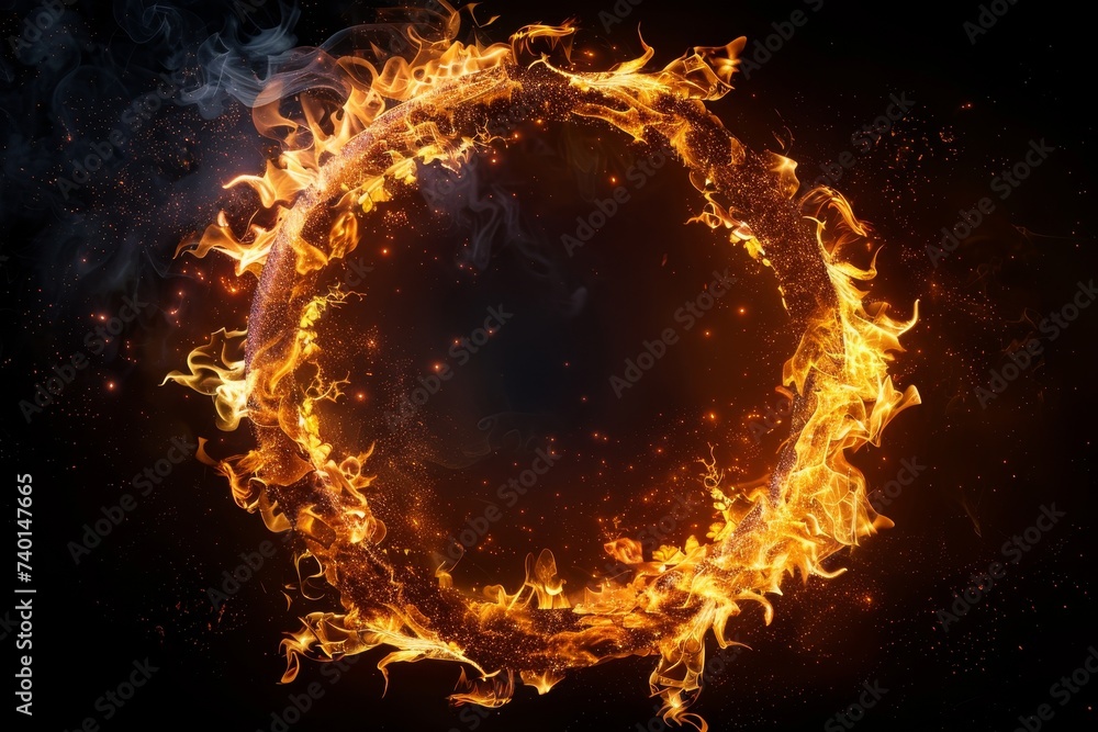 Aufkleber an intense and striking ring of fire against a black background. the vibrant flames form a perfect c