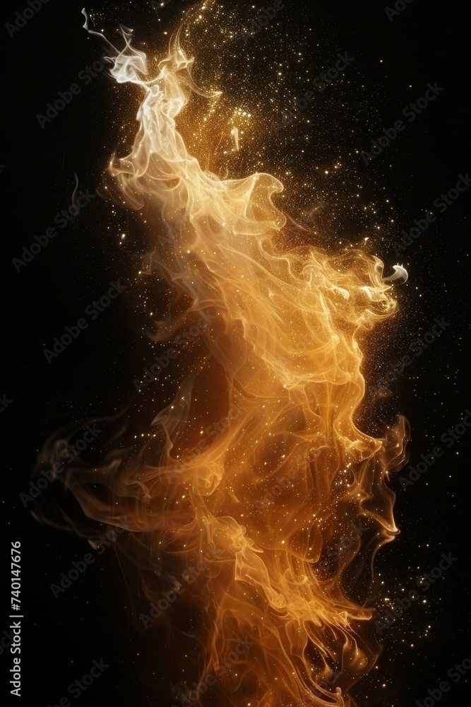 Poster intense flames and glowing embers of a fire against a black background. The vibrant colors and intricate patterns of the fire add visual interest to the image