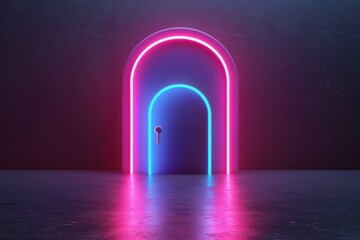 Neon gate or portal to galaxy space. Purple and blue frame with glowing light, laser beams, star sky in neon door opening. - obrazy, fototapety, plakaty