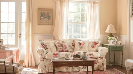 A cozy cottage inspired living room with a slipcovered sofa, floral prints, and vintage furniture
