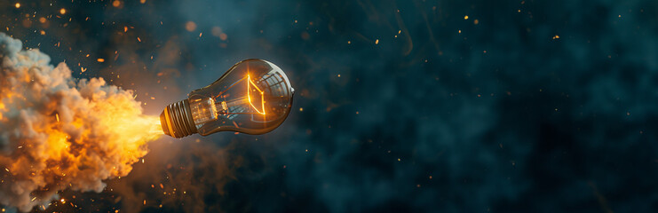 A light bulb takes off like a rocket with copy space