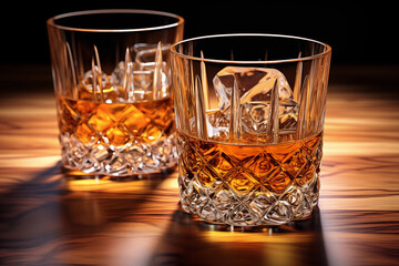 Whiskey glasses on wooden table