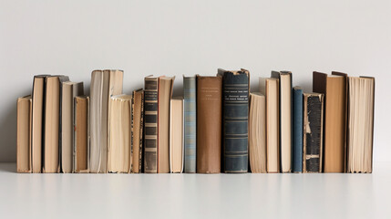 Naklejka premium Well-loved books, stacked neatly, create a sense of order on the seamless white surface
