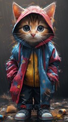 cat in a raincoat and sneakers. Generative AI