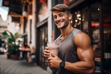 Protein shake post-workout: Essential for fitness enthusiasts. Concept Nutrition, Fitness, Protein, Workout, Recovery - obrazy, fototapety, plakaty