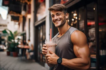 Fotobehang Protein shake post-workout: Essential for fitness enthusiasts. Concept Nutrition, Fitness, Protein, Workout, Recovery © Anastasiia
