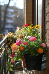 Colorful flower pots lined up on a modern urban balcony 