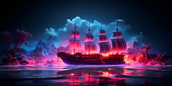 Pirate ship in the ocean with a pink sky and clouds Neon light art In the dark of night a tall ship sails across moonlit seas digital background    