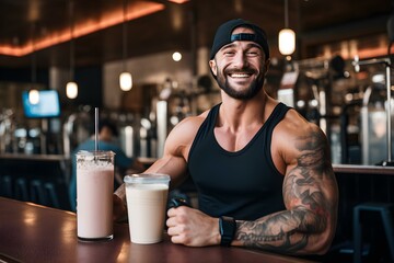 Fitness enthusiast enjoying a protein shake for postworkout recovery. Concept Healthy Lifestyle, Fitness Enthusiast, Protein Shake, Post-workout Recovery, Active Living