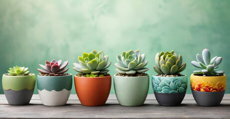 Fototapeta premium Collection of various succulent and cactus plants in different ceramic pots. Potted ornamental houseplants on wooden table against blurred green bokeh background.Generative AI