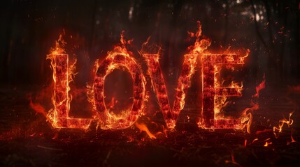 the word love depicted in flames on a dark black background. The intense fire forms each letter, creating a striking and captivating visual