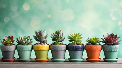 Collection of various succulent and cactus plants in different ceramic pots. Banner with potted ornamental houseplants on wooden table against blurred green bokeh background.Generative AI
