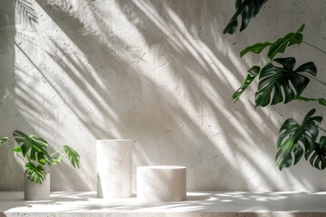 Marble backdrop with deep green Monstera leaves and modern white planters, highlighted by dynamic sunlight and shadow play.