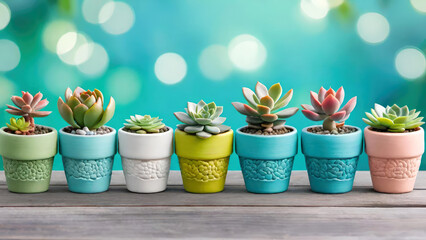 Collection of various succulent and cactus plants in different ceramic pots. Potted ornamental houseplants on wooden table against blurred green bokeh background.Generative AI