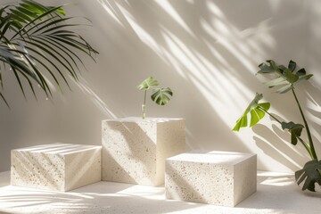 Stylish white geometric concrete planters adorned with vibrant Monstera leaves, casting elegant shadows in a sunlit room.
