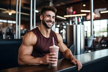 A fitness enthusiast embracing a protein shake for post-workout recovery. Concept Fitness...