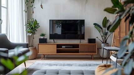 A contemporary TV lounge with a minimalist Scandinavian style entertainment center and a sleek flat screen TV