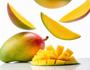 Falling mango fruits slices isolated on white background - obrazy, fototapety, plakaty
