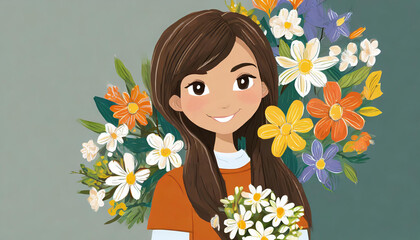 Pretty girl with flowers vector illustration.