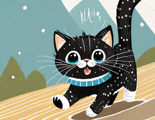 Vector illustration of cute happy cat. Children illustration for School books and more.Hello slogan. Animal print. Fun black kitty chasing mischief.