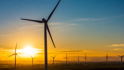 Obraz premium Wind turbine generating electricity and sunset