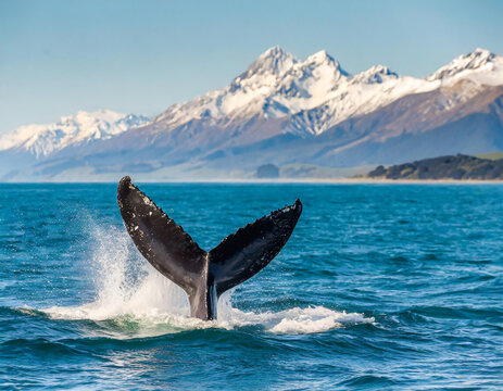Whale tail fluke splashing in ocean against a mountain backdrop, Kaikoura, Canterbury, South island, New Zealand
