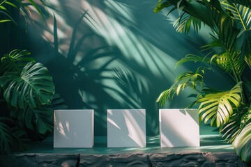 Three blank white canvases set against a lush tropical backdrop with the dramatic play of light and shadow creating a natural art installation.