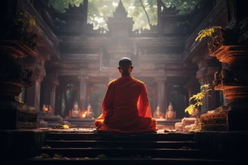 Buddhist monk on his back meditating in a temple courtyard