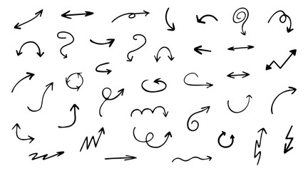 Hand drawn various curved lines and arrow curls. Drawing with a marker, different arrows in pen. Set of vector icons. Outline direction signs. - obrazy, fototapety, plakaty