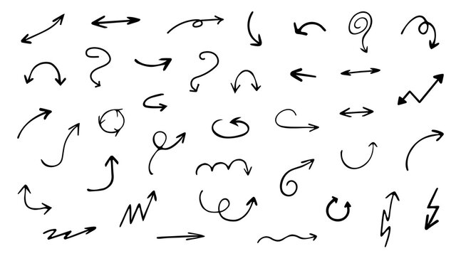 Hand drawn various curved lines and arrow curls. Drawing with a marker, different arrows in pen. Set of vector icons. Outline direction signs.