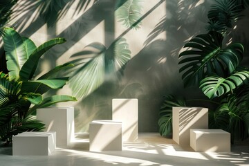 Fototapeta na wymiar An array of white display pedestals in a sunlit room with dramatic Monstera leaf shadows casting over them, creating a vibrant botanical display.
