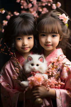 Asian little girls wearing kimono. Japanese traditional clothes. 