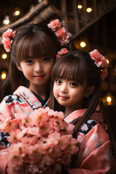 Girl and child in kimono. A girl in kimono with cherry blossom