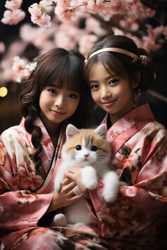 children and an adorable white cat. Girls in kimono with cherry blossom