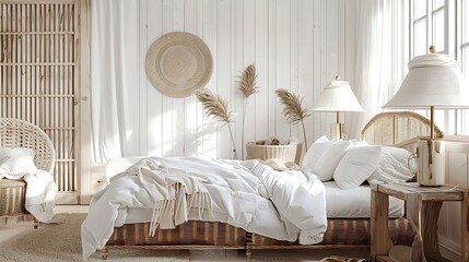 A coastal inspired guest room with a wicker sofa in white, evoking a breezy and relaxed atmosphere